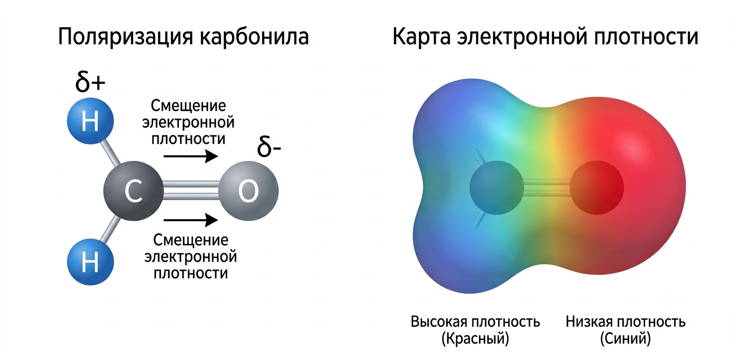 Поляризация карбонильной группы: электронная плотность смещена к кислороду (δ−), на углероде частичный положительный заряд (δ+)